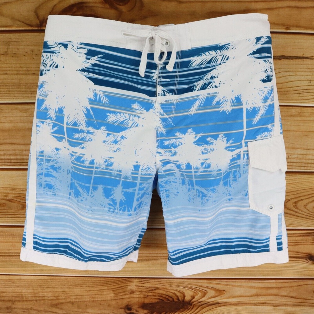 U.S. Apparel Swim Trunks w/ Liner Mens‎ Size 40 Blue White Palm Trees Drawstring